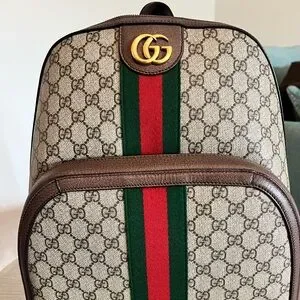 Gucci Tan Backpack with Red and Green Stripes GUCCI 442892 Python Leather And Red and Green Web Stripe  main image 2